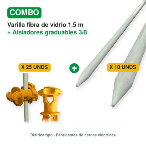 COMBO VARILLA FIBRA DE VIDRIO 1.5MTS X 10 UNDS + AISLADORES GRADUABLES 3/8 X 25 UNDS